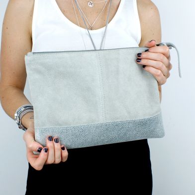 pale grey suede clutch bag